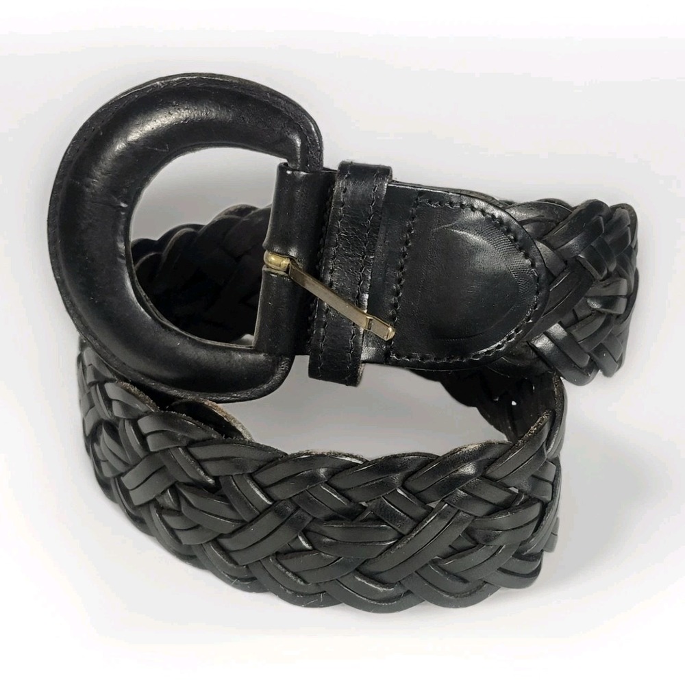 Eddie Bauer Vintage Braided Leather Belt Black Wide Woven Brass Buckle Boho 90s